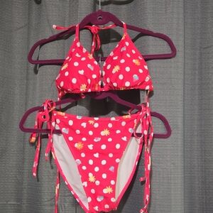 Pink Polka Dot Bikini with Floral Accents